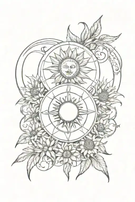 moon sun sunflower heart compass intertwined tattoo design idea