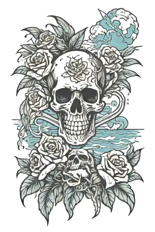 ocean, Caribbean, mountains, desert, roses, and traditional skulls  tattoo design idea