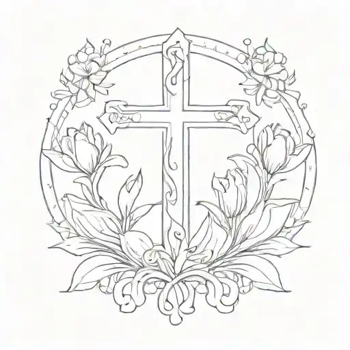 A minimalist design of a small cross (symbolizing faith and spirituality) adorned with elegant tulip flowers (symbolizing perfect love and eternal life), representing your mom's devotion to God and her loving nature tattoo design idea