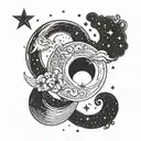 A celestial tattoo design featuring a crescent moon (symbolizing femininity and intuition) with a star cluster shaped like the constellation Aries (representing your mom's birthday on April 12), to symbolize her connection to the divine tattoo design idea
