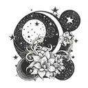A celestial tattoo design featuring a crescent moon (symbolizing femininity and intuition) with a star cluster shaped like the constellation Aries (representing your mom's birthday on April 12), to symbolize her connection to the divine tattoo design idea