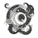 A celestial tattoo design featuring a crescent moon (symbolizing femininity and intuition) with a star cluster shaped like the constellation Aries (representing your mom's birthday on April 12), to symbolize her connection to the divine tattoo design idea