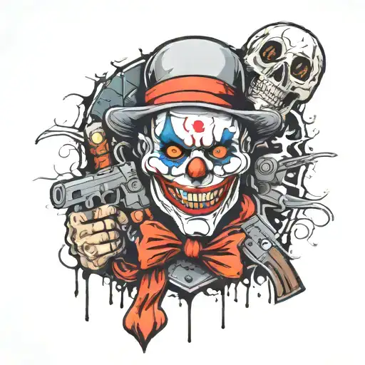 graffiti brick wall with clown and skull and guns  tattoo design idea