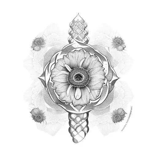 The Petronas Towers on a purple heart with 2 sunflowers, a poppy and a rose tattoo design idea