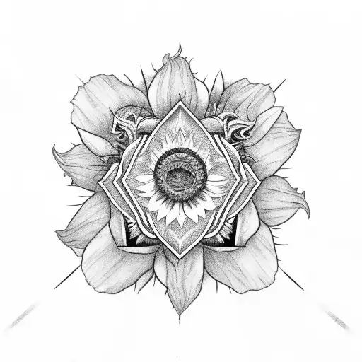 The Petronas Towers surrounded by a purple heart with 2 sunflowers, a poppy and a rose tattoo design idea