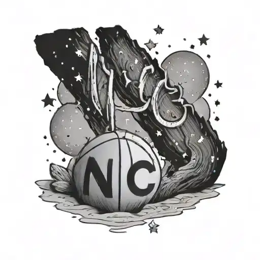 A serene beach scene with 'NC' written in the sand, a basketball resting against a driftwood log, under a sky filled with stars tattoo design idea