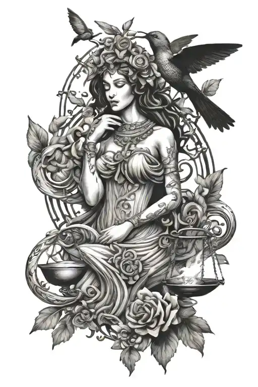 Goddess Lustitia, Libra scales, a hummingbird, tree of knowledge behind her, Greek border tattoo design idea