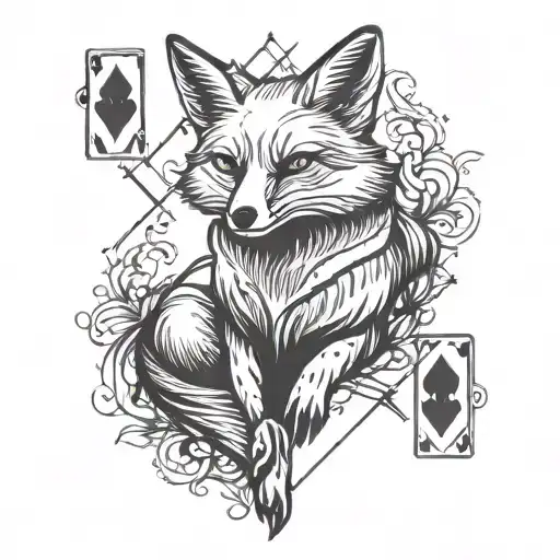 Small minimal fox sitting on a square background, accented by calligraphy brush strokes, with 4 large Aces playing cards tattoo design idea