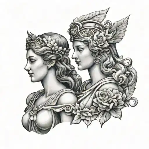 athena and aphrodite goddesses standing together  tattoo design idea