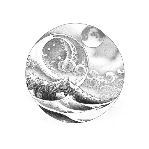 waves and moon inside Fibonacci series panel horizontal tattoo design idea