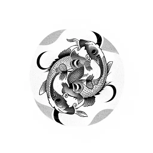 Two Koi Fish in a circle with waves and flowers surrounding tattoo design idea