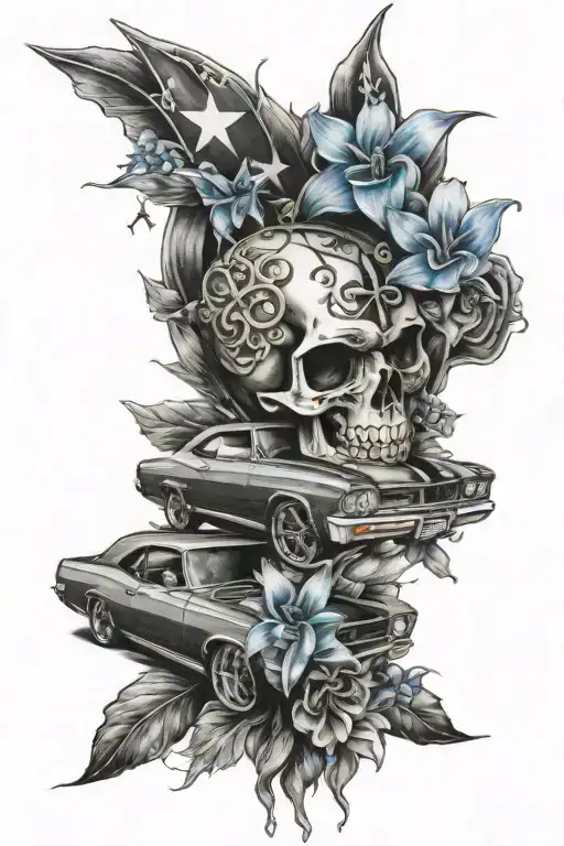 67 chevelles ss with cross and blue bonnets incorporated tattoo design idea