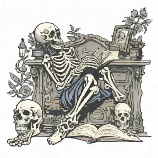 skeleton sitting and reading a book tattoo design idea