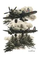 forest scene with a Lancaster bomber plane flying tattoo design idea