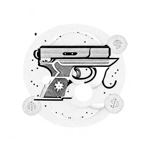 An intricate design of a gun wrapped in money bills, with Aries constellation incorporated in the background tattoo design idea