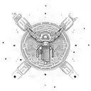 An intricate design of a gun wrapped in money bills, with Aries constellation incorporated in the background tattoo design idea