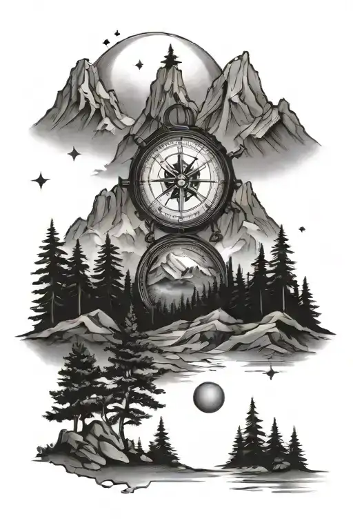 mountain scene and compass and moon and Forrest and stars tattoo design idea