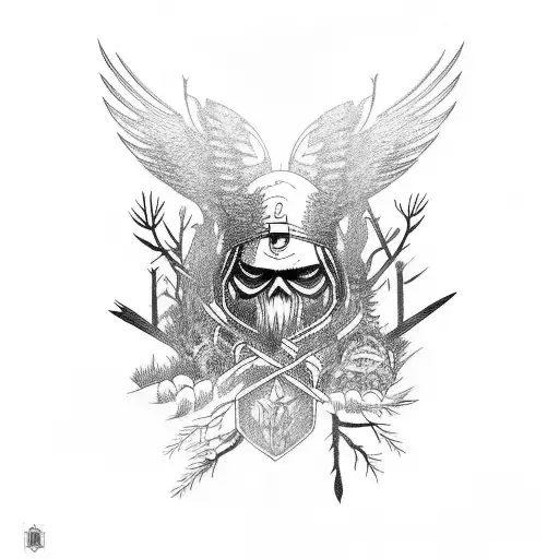 crows, vikings, forest, pine, mushroom, vessel tattoo design idea