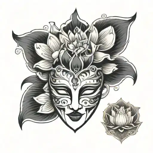 drama mask with lotus flowers tattoo design idea