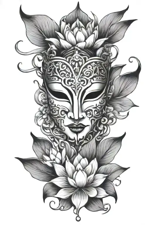drama mask with lotus flowers wrapped round tattoo design idea