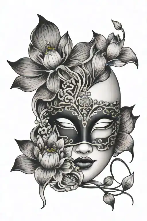 drama mask with lotus flowers wrapped tattoo design idea