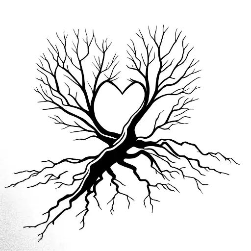 Tree with roots breaking through a shattered heart tattoo design idea