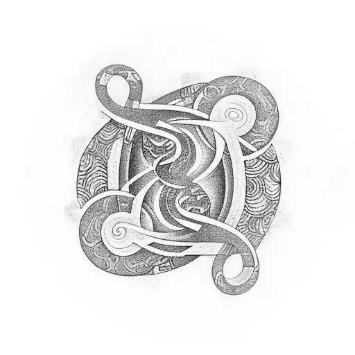 A son playing a guitar with musical notes forming a spiral around them tattoo design idea