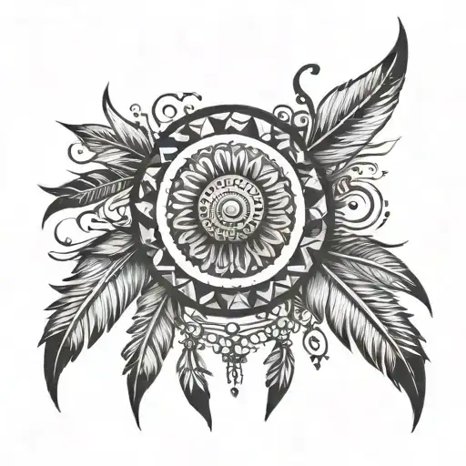 creat a tattoo with Indian designed and feathers meant to go across the upper back tattoo design idea