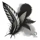 Create a dotwork tattoo of a feather with Hebrew script intertwined tattoo design idea