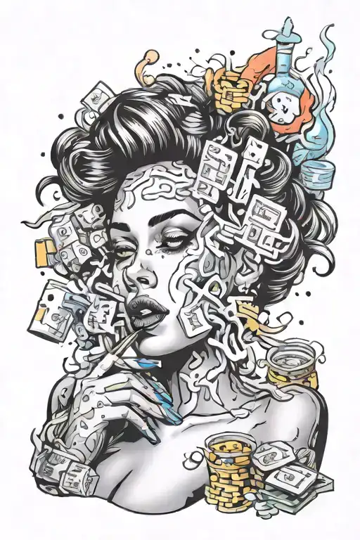 women being seductive surrounded by drugs, money & smoke.  tattoo design idea