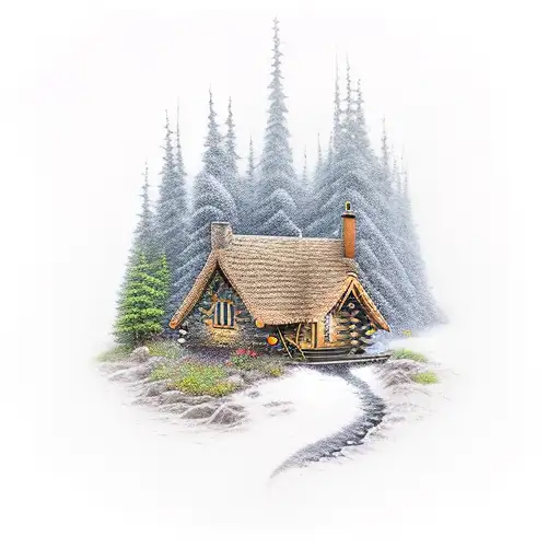 vibrant dark fantasy forest with a cozy cabin inside of it. with a small stream running alongside the cabin  tattoo design idea