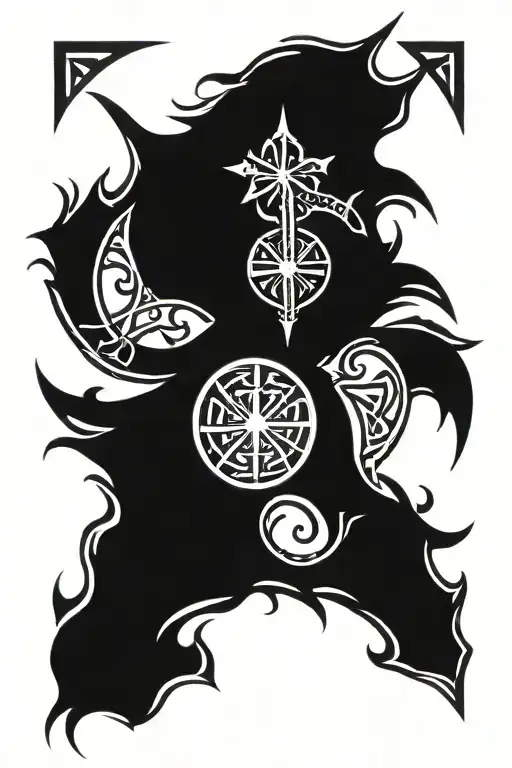 vegvisir symbol with an incorporated christian cross, Celtic triangle and and sun flames around the top tattoo design idea