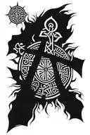 vegvisir symbol with an incorporated christian cross, Celtic triangle and and sun flames around the top tattoo design idea