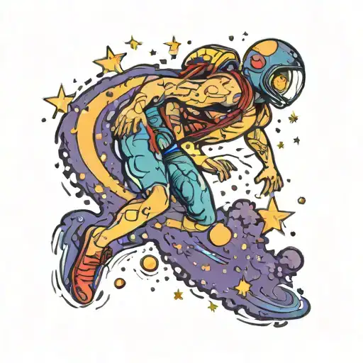 A swimmer diving into a galaxy filled with stars and planets tattoo design idea