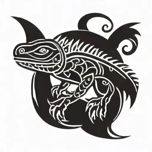 A simplified silhouette of an iguana, made with thick black lines and tribal details inside the figure. tattoo design idea