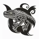 A simplified silhouette of an iguana, made with thick black lines and tribal details inside the figure. tattoo design idea