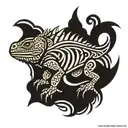 A simplified silhouette of an iguana, made with thick black lines and tribal details inside the figure. tattoo design idea