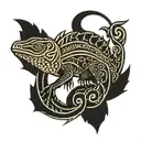 A simplified silhouette of an iguana, made with thick black lines and tribal details inside the figure. tattoo design idea