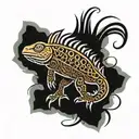 A simplified silhouette of an iguana, made with thick black lines and tribal details inside the figure. tattoo design idea