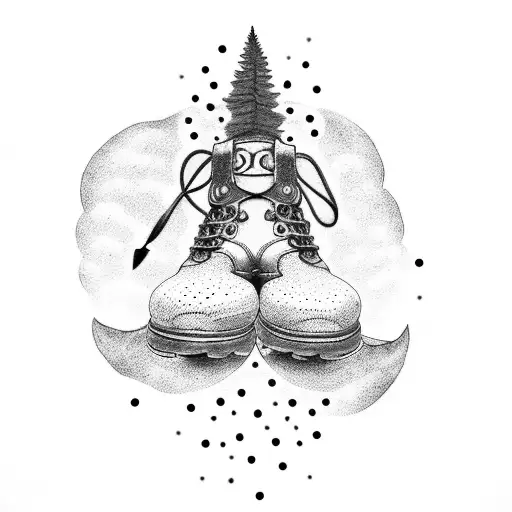 A dotwork tattoo of a hiking boot stepping on a semicolon, symbolizing overcoming mental health struggles through the outdoors tattoo design idea