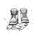 A dotwork tattoo of a hiking boot stepping on a semicolon, symbolizing overcoming mental health struggles through the outdoors tattoo design idea
