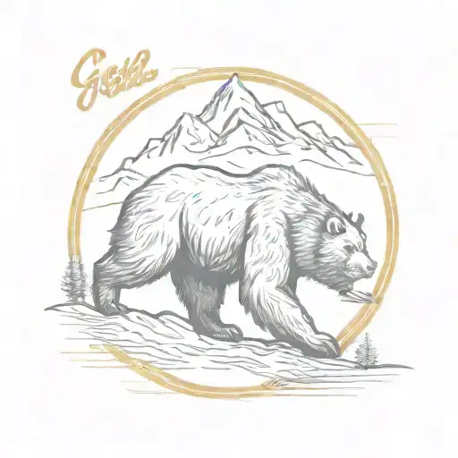 A mountain with a buff grizzly bear running with the text at the bottom, "Gold Rush Run Club" tattoo design idea