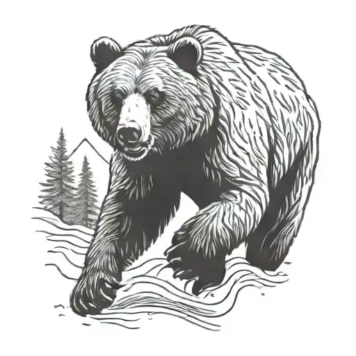 Grizzly Bear charging and roaring in the forrest and mountains tattoo design idea