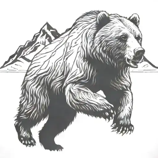 Running Grizzly bear with mountains tattoo design idea