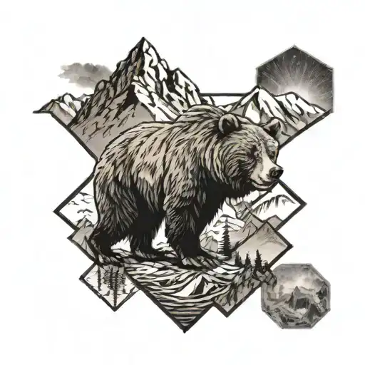 A mountain in the background with a grizzly bear in the front. All inside of a hexagon-shape  tattoo design idea