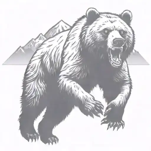 Running Grizzly bear with mountains tattoo design idea