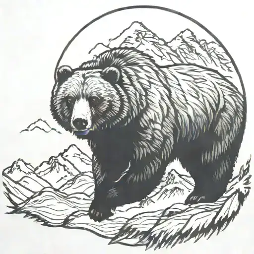 Grizzly Bear running with huge mountains in background tattoo design idea