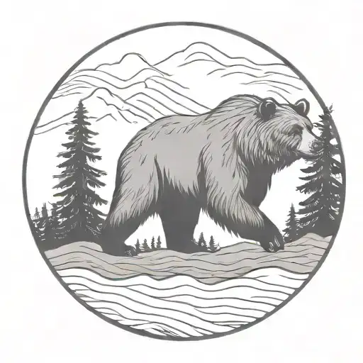 Grizzly Bear charging and roaring in the forrest and mountains tattoo design idea