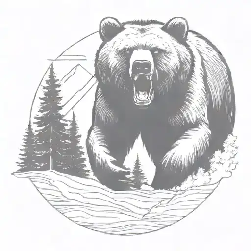 Grizzly Bear charging and roaring in the forrest and mountains tattoo design idea