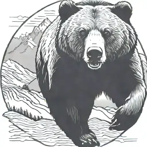 Grizzly Bear running with huge mountains in background tattoo design idea